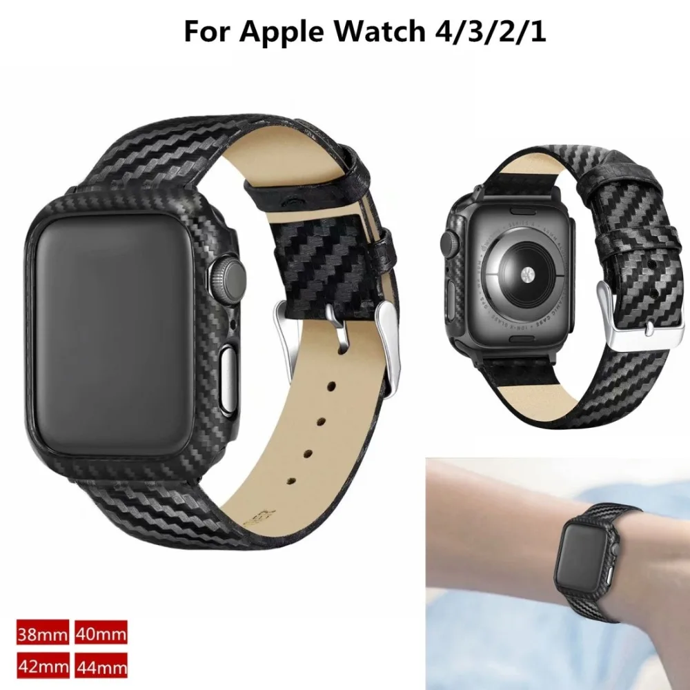УГЛЕРОДНЫЙ волоконный ремень из натуральной кожи+ рамка для Apple Watch Series 4 40 мм 44 мм