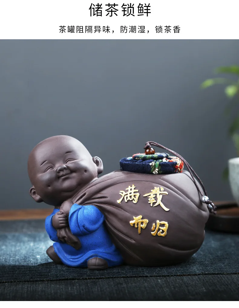 Description Picture 3 of itemZisha Little Monk Tea Caddy Sealed Storage Tank Creative Ceramic Gift Small Tea Caddy Home Decoration
