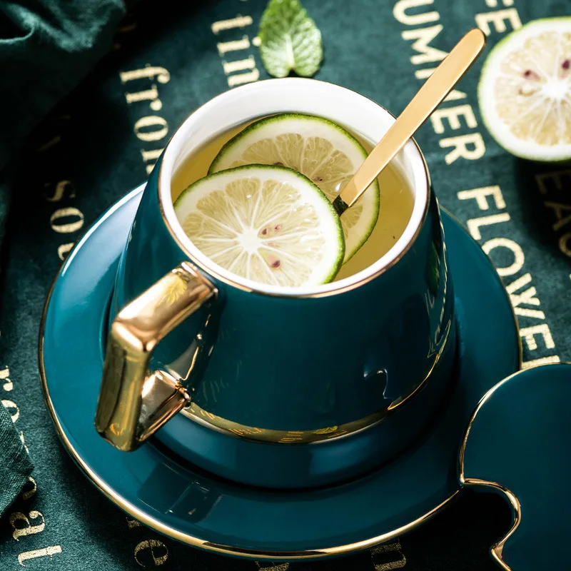 ABUI-Luxurious Nordic Style Tea Set Golden Ceramic Coffee Cup Set Saucer with Spoon Gift Box for Household Office Afternoon Tea