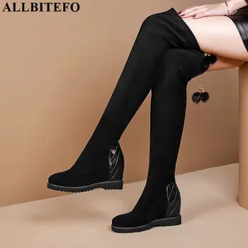 

ALLBITEFO High quality Elastic flock+genuine leather women boots Autumn Winter women knee high boots Pure color fashion boots