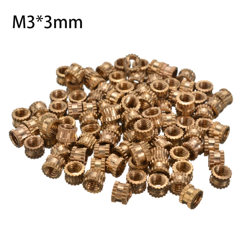 100x M3 Brass Cylinder Knurled Threaded Round Insert Embedded Nuts 0.3x0.43cm 