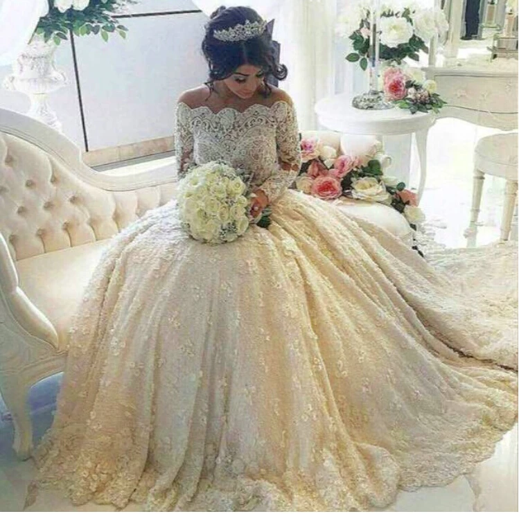 

Vestidos De Novia Luxurious Pearls Beaded Flowers Gorgeous Long Sleeve Lace Wedding Dresses 2016 Wedding Gown Robe De Mariage