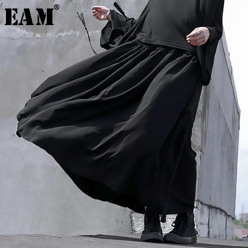 

[EAM] 2020 Spring Woman new Solid Black Color Long Loose High Waist Lace Up Drawstring Draped Half-body Skirt All Match LI153