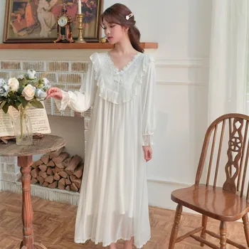 

Royal Modal Gauze Women's Long Nightgowns Long Sleeve Elegant Princess White Lace Night Dress Spring Autumn Holiday Sleepwear