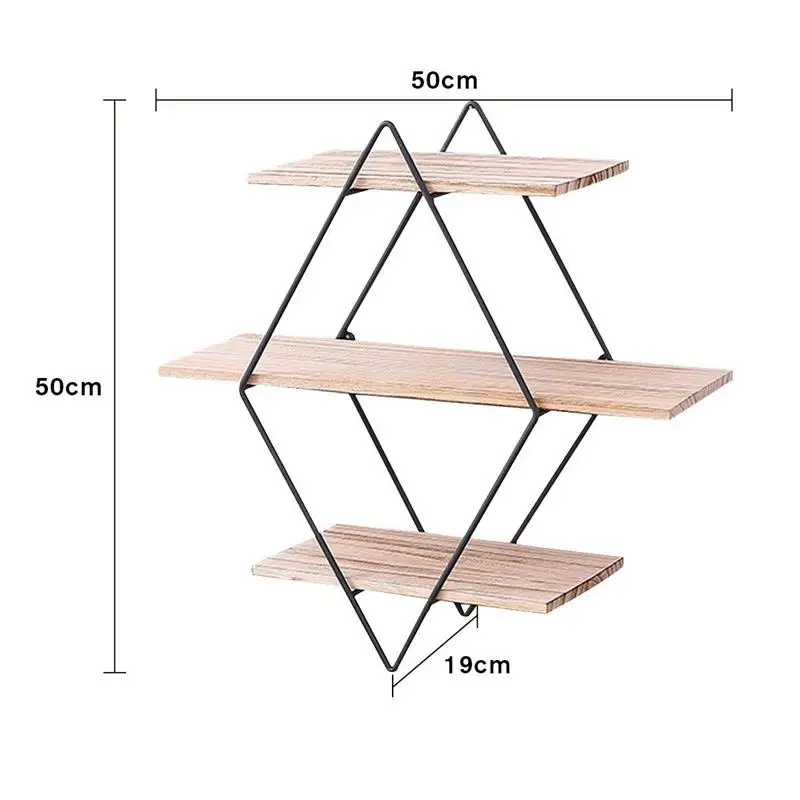 

Antique Wood Wall Floating Storage Racks Display Stand Shelf Decorative Wall Frame 3 Layers Geometric Diamond Wall