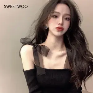 2021 Korean Girls New Knitted Tops Mesh Bow Tie Sexy Off Shoulder Black Pullovers Skinny Elegant Short Jumper Womens Clothes