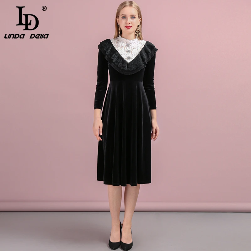 LD Linda della мода взлетно-посадочной полосы осенние черные женские платья миди; Плиссированное кружевное аппликации Бисер Повседневное женские Вечеринка платье