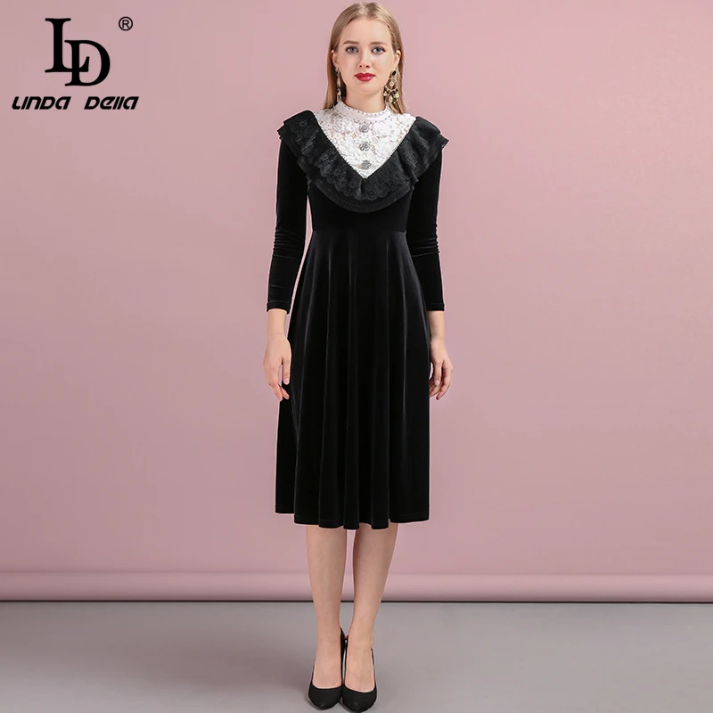 LD LINDA DELLA Fashion Runway Herfst Black Midi Jurken vrouwen Ruches Kant Applicaties Kralen Casual Dames Avond Party Dress LD LINDA DELLA Fashion Runway Herfst Black Midi Jurken vrouwen Ruches Kant Applicaties Kralen Casual Dames Avond Party Dress