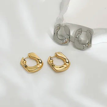 Peri'sBox Unique Irregular Smooth Brass Hoops Earring Female Creative Wave Surface Jewelry Geometric Oval Hoop Earrings