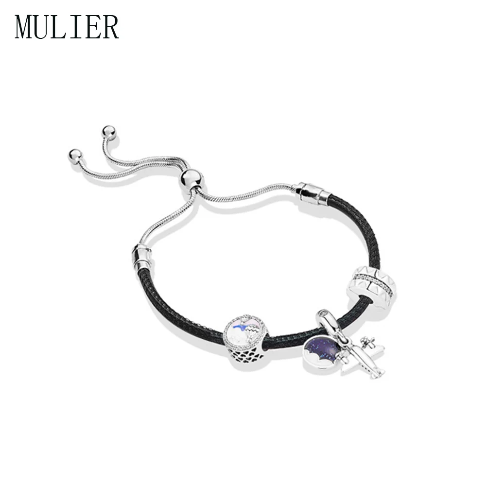 Модный, Стерлинговое Серебро 925 пробы, момент, черный кожаный скользящий браслет, очаровательный женский модный ювелирный подарок своими руками