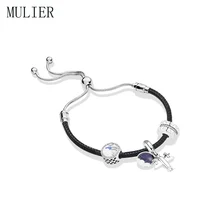 Модный, Стерлинговое Серебро 925 пробы, момент, черный кожаный скользящий браслет, очаровательный женский модный ювелирный подарок своими руками