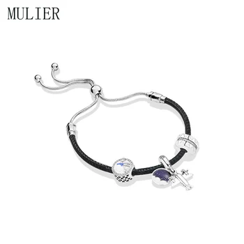 

2018 Fashion New, 100% S925 moment, black leather sliding bracelet, charming female fashion jewelry gift DIY