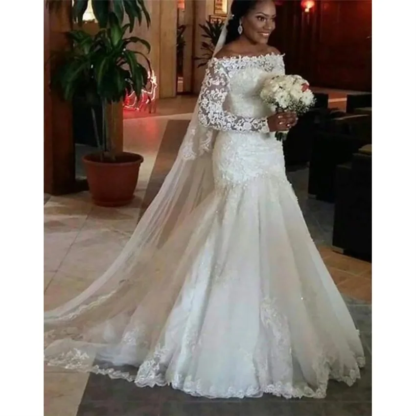 

NUOXIFANG New Long Sleeve Lurxy Vestido De Noiva Lace Wedding Dress 2020 Customized Plus Size Pearls Bridal Wedding Gowns