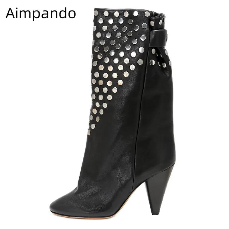

High Cone Heels Boots Women Med Calf Decor Rivets Botas Round Toe Casual Bottes Solid Genuine Leather 2020 Autumn Boots Women