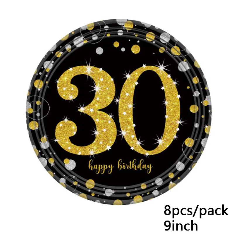 8pcs Happy Birthday Disposable Tableware Paper Cups Plates Napkins Banners Black Gold 30 Aniversarry Party Decorations Adults - Цвет: 9inch