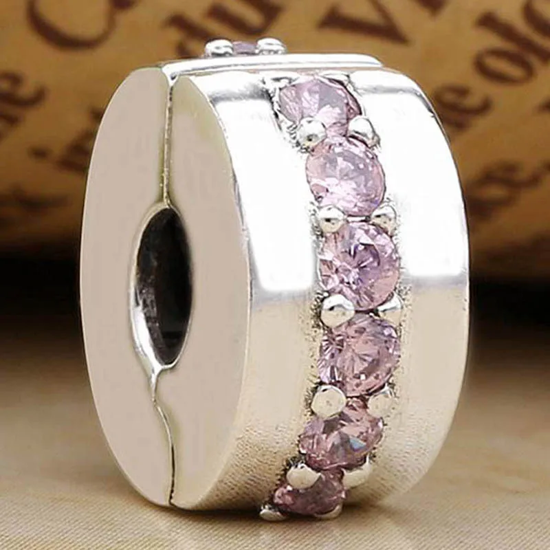 

Original Pink Shining Path With Crystal Clip Lock Stopper Bead Fit 925 Sterling Silver Charm Bracelet Bangle Diy Jewelry