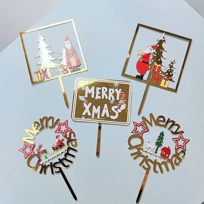 INS Merry Christmas Party Acrylic Cake Toppers Color Santa Claus Xmas Cake Topper for Home Happy New Year Party Decorations