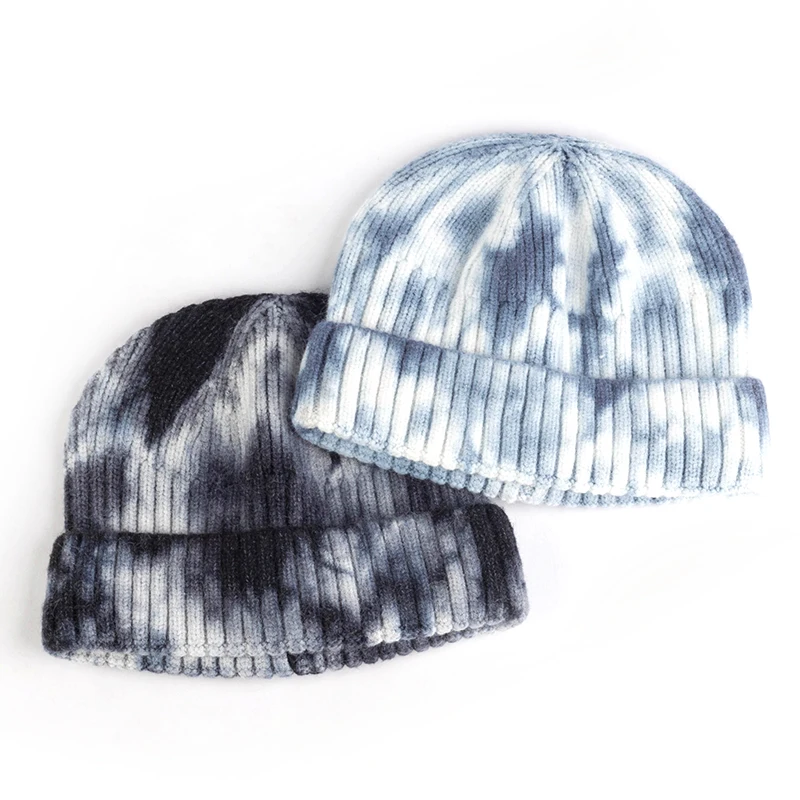 

New Fashion Tie Dye Winter Warmer Soft Cotton Mens Outdoor Beanie Hat Ribbed Knitted Cuffed Women Skull Sports Ski Loose Caps