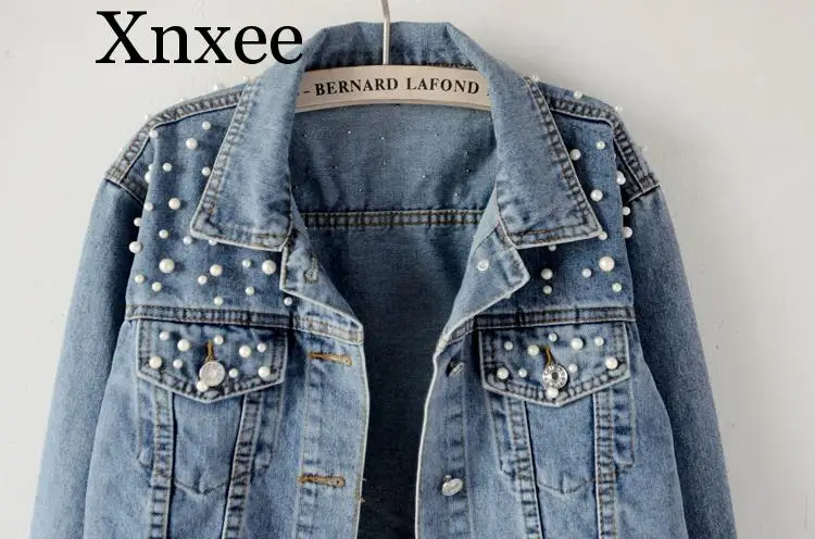Pearl Beading Short Denim Jackets Women Wash Long Sleeve Vintage Casual Jean Jacket Denim Coat Women Jeans Coat  5xl