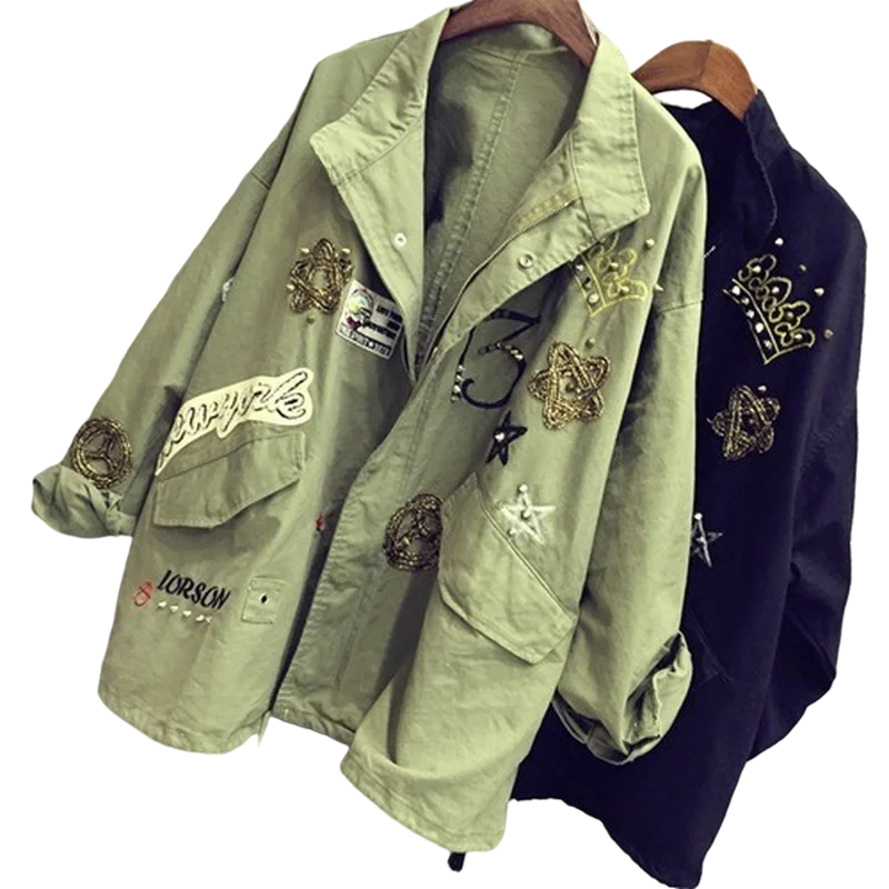

2022 Women Cotton Jacket Coat Casual Women Bomber jacket Embroidery Applique Rivets Oversize Women Coat Army Green Cotton Coat