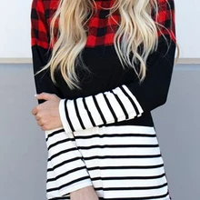 Women Plaid Splicing Striped Long Sleeve T-shirt Female Spring Fall Harajuku Ulzzang Casual Tee Lady Trendy Korean Clothes