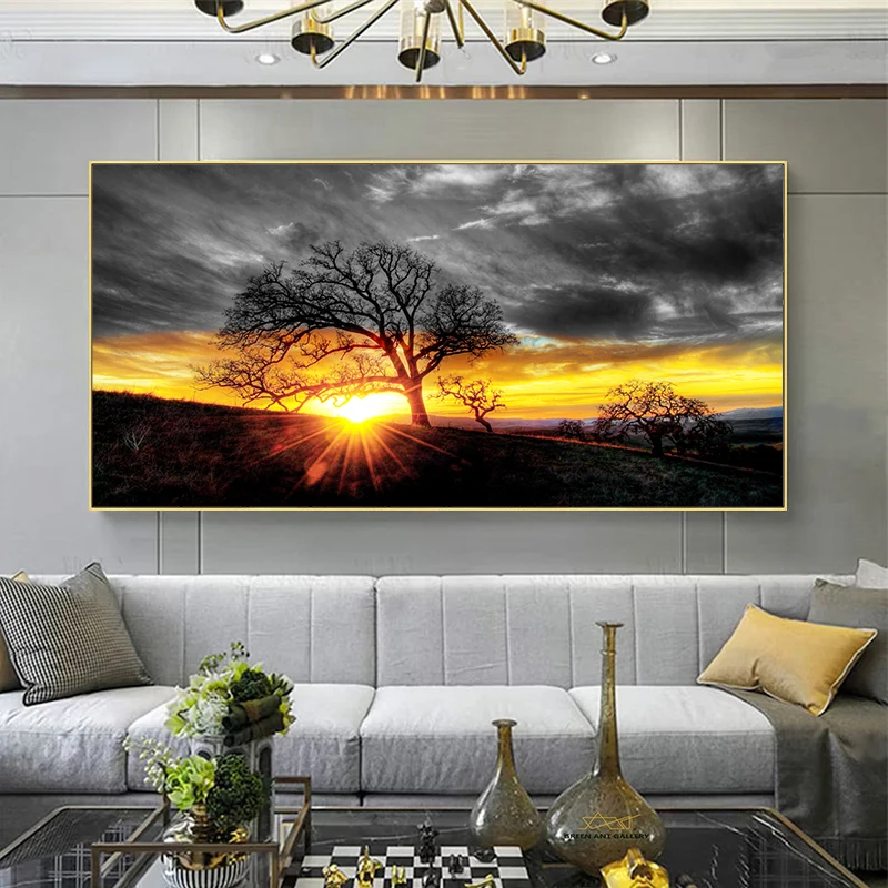 Modern Sunrise Sunset Landscape Canvas Painting Sun Tree Wall Pictures Mystery Color Wall Art for Living Room Wall Decor Cuadros