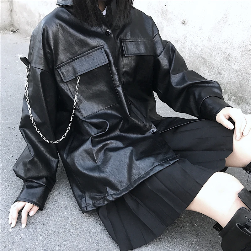 Женская куртка из искусственной кожи, свободная, Harajuku, мягкая, серебряная, кожаная верхняя одежда, унисекс, мотоциклетная куртка, с цепочкой, в стиле хип-хоп, кожаная куртка, топы, PY107