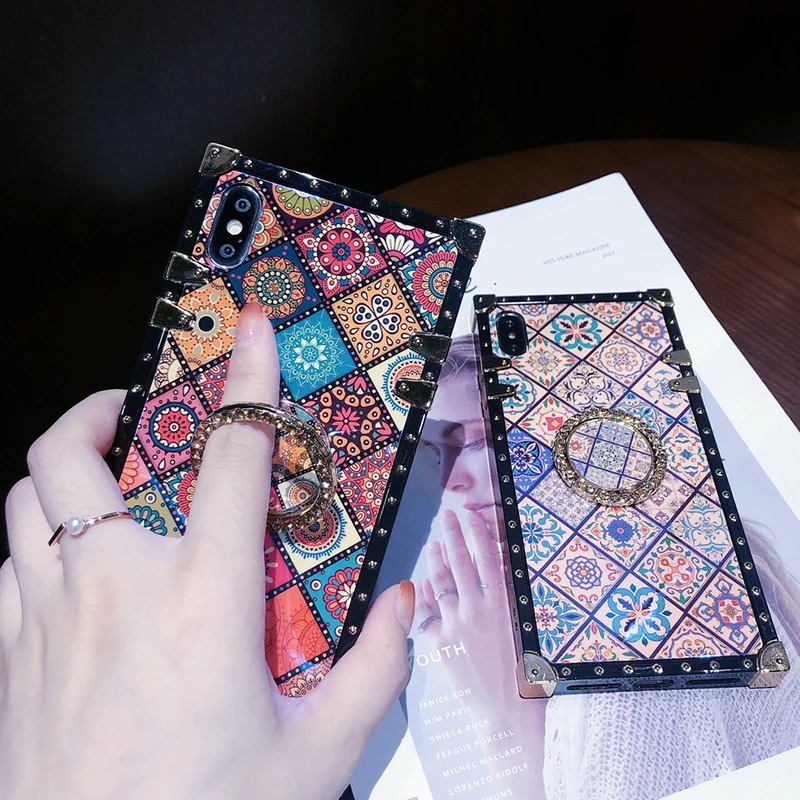 Luxury Square Blu-ray Bohemian Ethnic Style Frame Case for iPhone 7 8 Plus 6 s 11 pro xr xs Max X Soft Silicon for Samsung Cover (17)