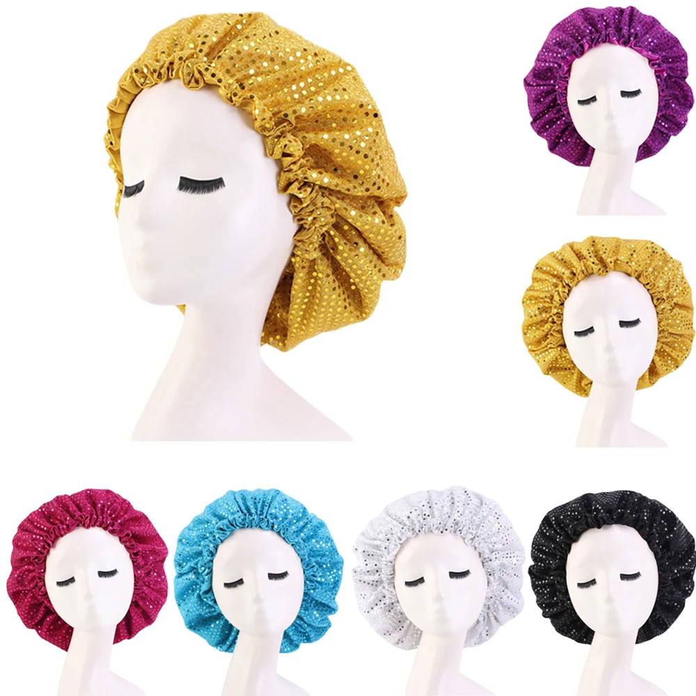 

Women Sequins Sleep Cap Knit Satin Lining Adjustable Bonnet Charm Glitter Turban Elastic Hair Loss Hat Beanies Skullies Fashion