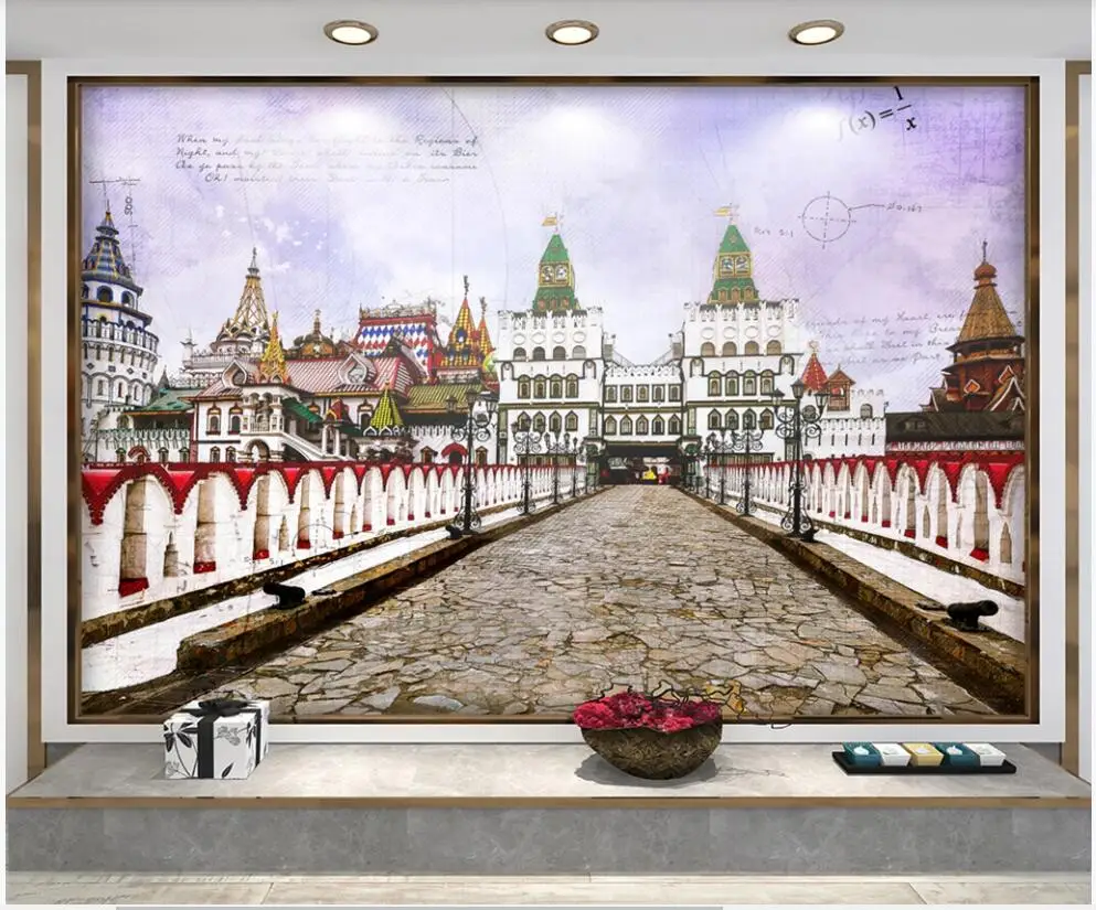 

3d wallpaper custom photo mural Hand painted european red square building background decor living room wallpaper for walls 3 d