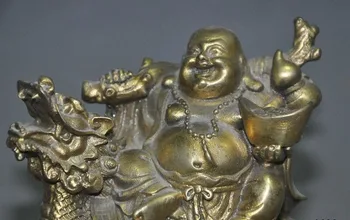 

China Temple Brass Ride Dragon Turtle Ingots Money Wealth Maitreya Buddha Statue