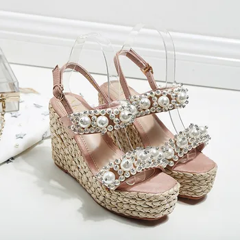 

2018 New Wedge Sandals Female High Heel Waterproof Platform Muffin Thick Bottom With a Pearl Rhinestone Straw Women's Shoes