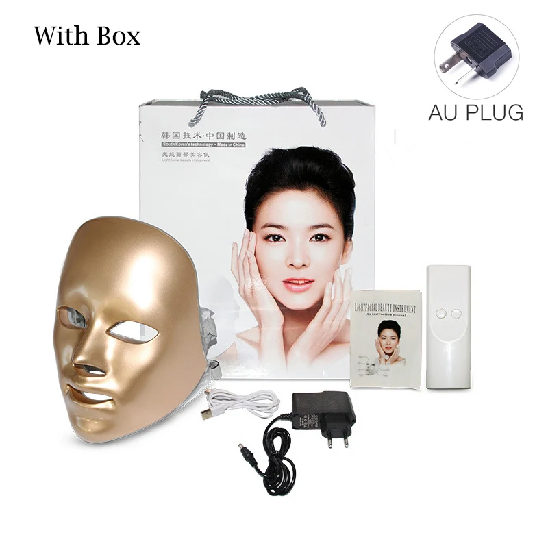 Светодиодный маска для лица, 7 цветов, Корейская фотонная терапия, маска для лица, инструмент для красоты, Подтягивающая кожу, радиочастотная, против морщин, для салона красоты - Цвет: AU Pluge-Gold