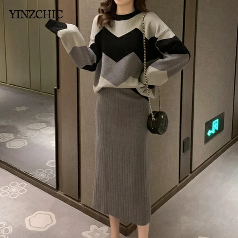 Casual Female Knitted Two-pieces Suits Waves Print Sweater+ Pencil Skirt Suits for Woman Winter New Warm Knit Sets Women