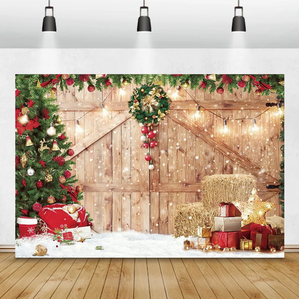 

Фон для фотосъемки зимняя снежная Рождественская елка деревянная дверь венок подарок лампочка новорожденный портрет фотография баннер