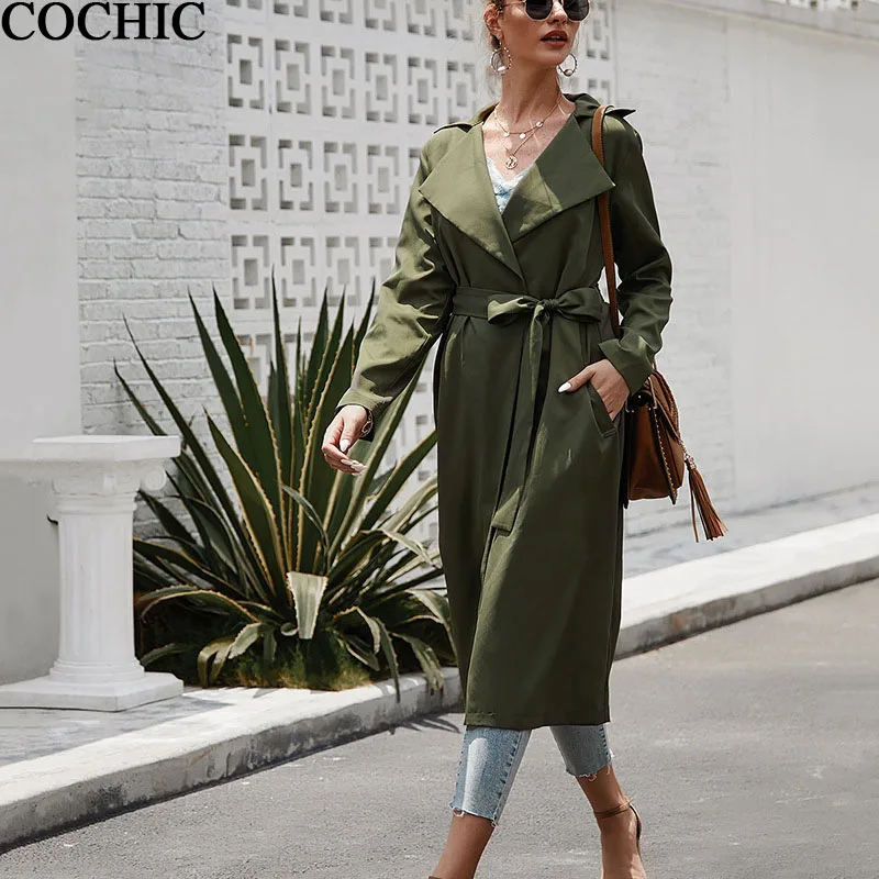 

Women Autumn spring long sleeve windbreaker jacket waistband Army Green solid color long trench Coat