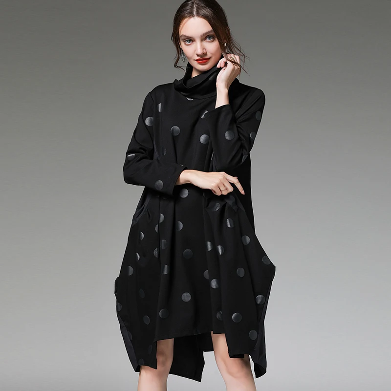 Женские платья, зимние платья в горошек, большие размеры, красные, черные, водолазка, хлопок, пэчворк, Дамское осенне-зимнее платье, женские платья 4XL - Цвет: Черный