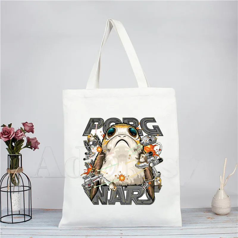 

STAR WARS Porg Ladies Handbags Cloth Canvas Tote Bag Shopping Travel Women Eco Reusable Shoulder Shopper Bags Bolsas De Tela