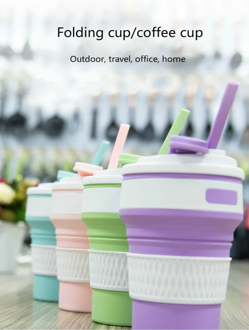 2pc/set Silicone Folding Cup Portable Travel Telescopic Mug with Straw Mug Gift Coffee Cup Outdoor Folding Cup Folding Juice Cup