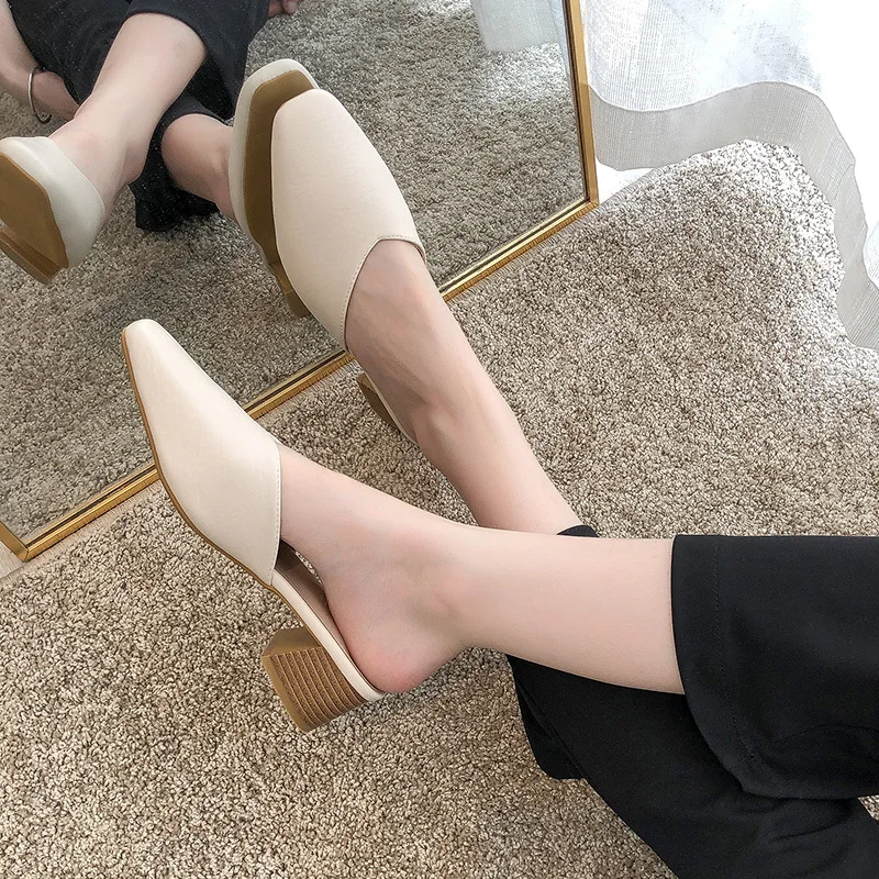 Leather Mules Shoes Woman fashion Slides Women Square Toe Mules Closed Toe Pantuflas High heel Slippers s272