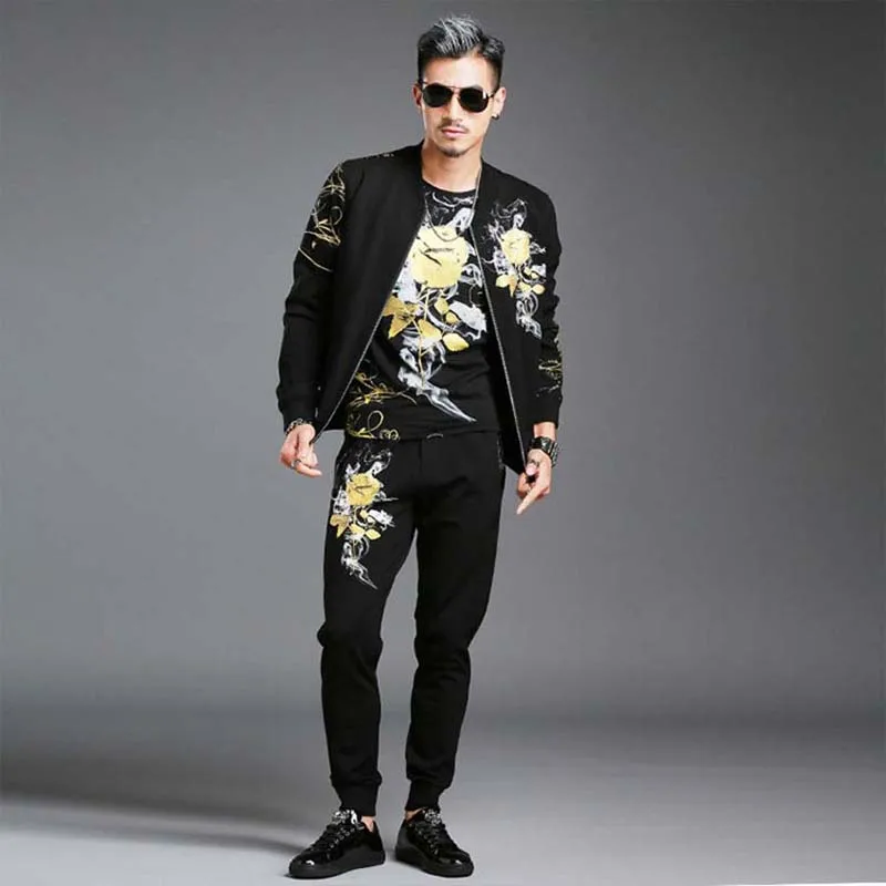 

Autumn Men's Fashion Hoodies Set With Joggers Pants 2 Piece Set Floral Gilding Tracksuit Men Pants Sweatshirt Jacket Clothing