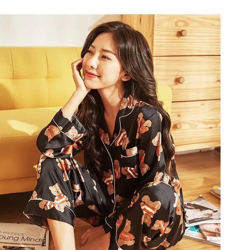 Женская шелковая атласная пижама, Осенний пижамный комплект, пижама с длинным рукавом, сексуальная пижама, Женский Пижамный костюм, комплект из двух предметов для сна, домашняя одежда - Цвет: Черный