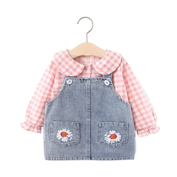 

Boutique Kids Clothing Set Baby Girl Anutumn Casual Outfits Plaid Shirt +floral Jeans Suspenders Dress 6-24M Girls Costume Suit