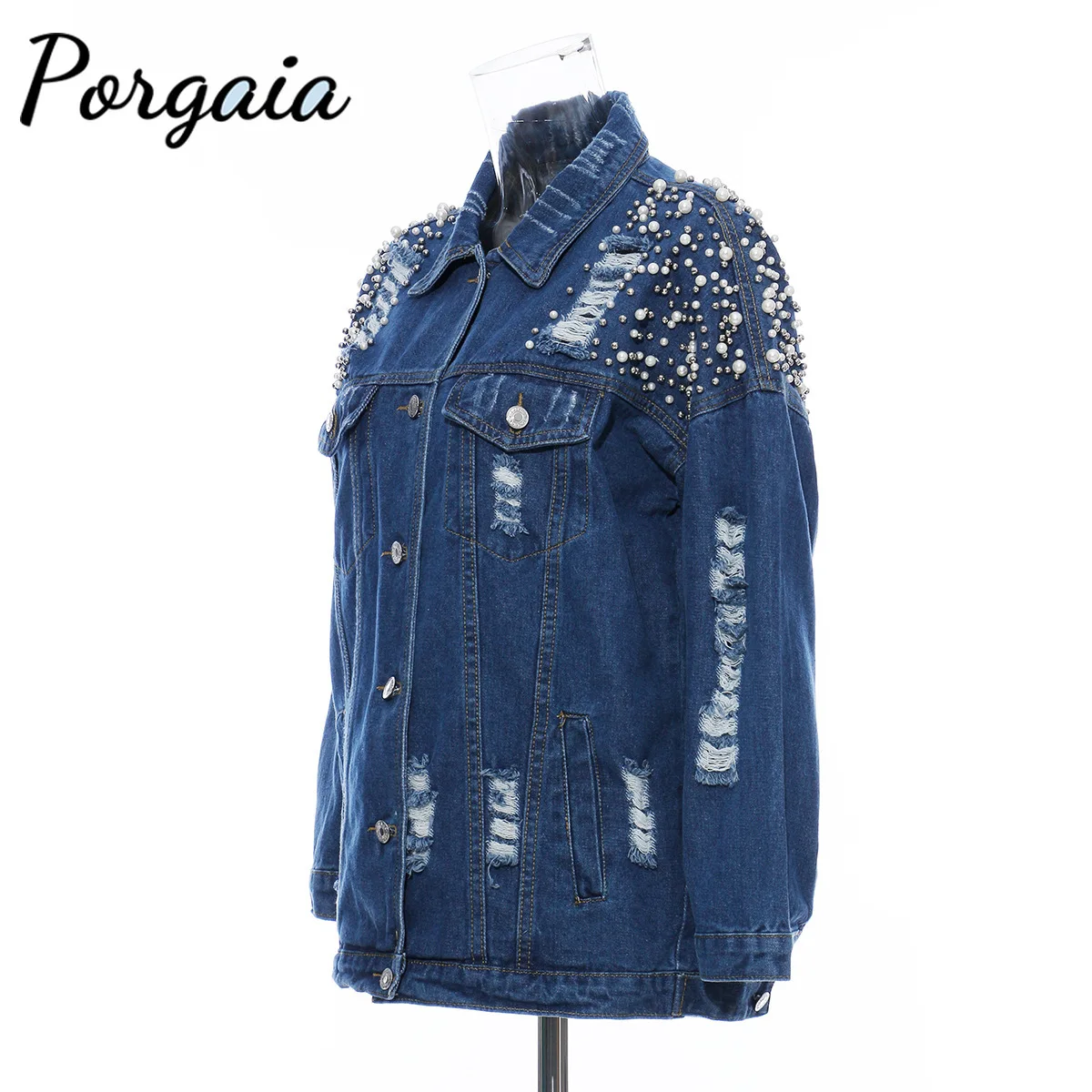 

Porgaia Beading Single Breasted Vintage Pockets Hole Denim Coat Jean Jacket for Women Denim Jacket Women
