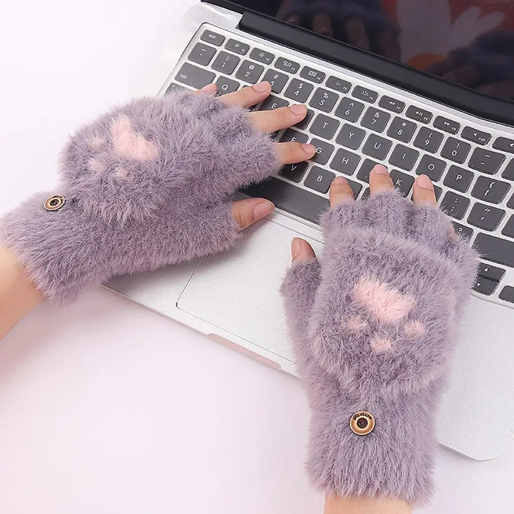 

HOT SALES!!! New Arrival Women Winter Cats Claw Half Finger Warm Knitted Gloves Fluffy Flip Cover Mitten Wholesale Dropshipping