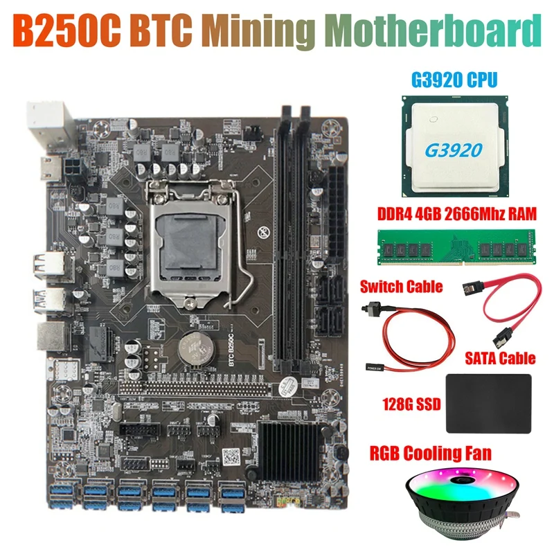 best computer motherboard B250C Miner Motherboard+G3930 CPU+RGB Fan+DDR4 4GB RAM+128G SSD+Switch Cable+SATA Cable 12*PCIE to USB3.0 GPU Card Slot pc motherboard cheap