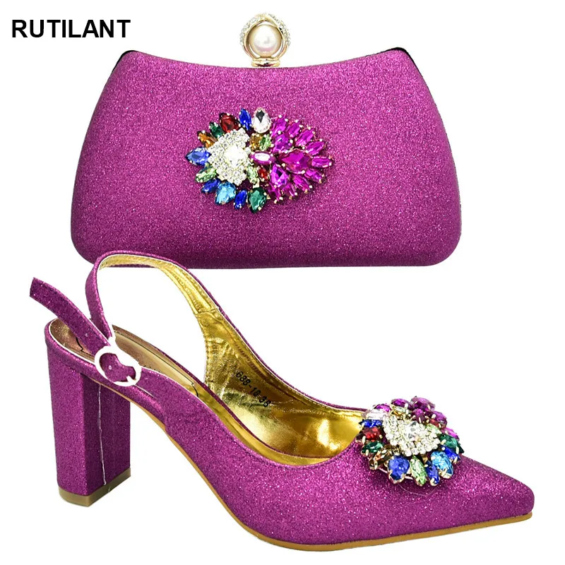 

New Latest Shoes and Bag Matching Set Decorated with Rhinestone Elegant Crystal Shoes Plus Size Pointed Toe Rubber Buckle Strap