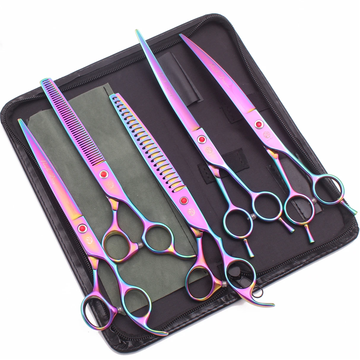 Dog grooming scissors set professional 440C 8" purple dragon straight shears thinning scissors chunker curved shears