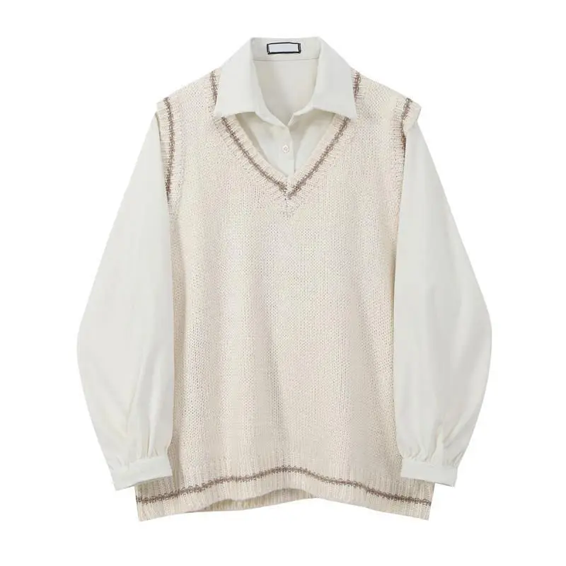 Japanese School Sweater Jk Uniform 2 Pieces Set V-neck Cotton Knitted Student Cosplay Sleeveless Vest + Shirt | Тематическая одежда