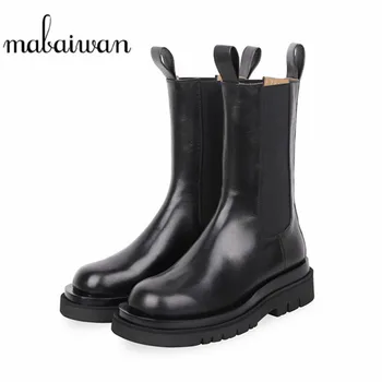 

Mabaiwan Genuine Leather Ankle Boots Women Platform Chunky Brand Designer Shoes Women Elastic Band Winter Short Chelsea Boots